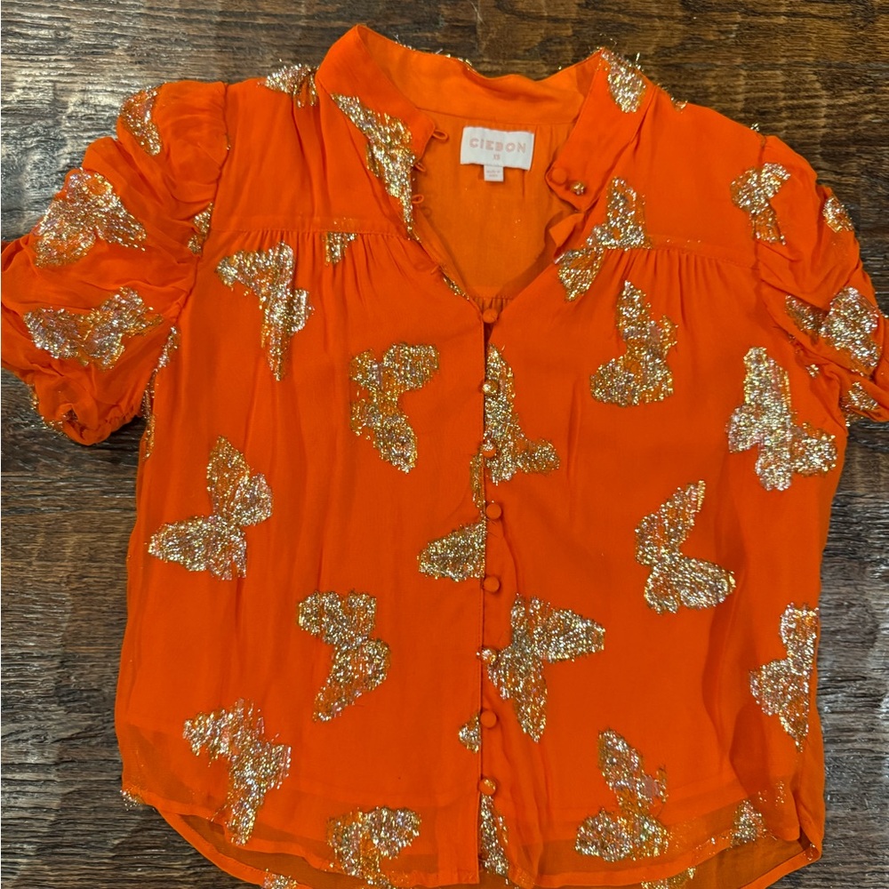 CIEBON Orange Sequin Butterfly Blouse